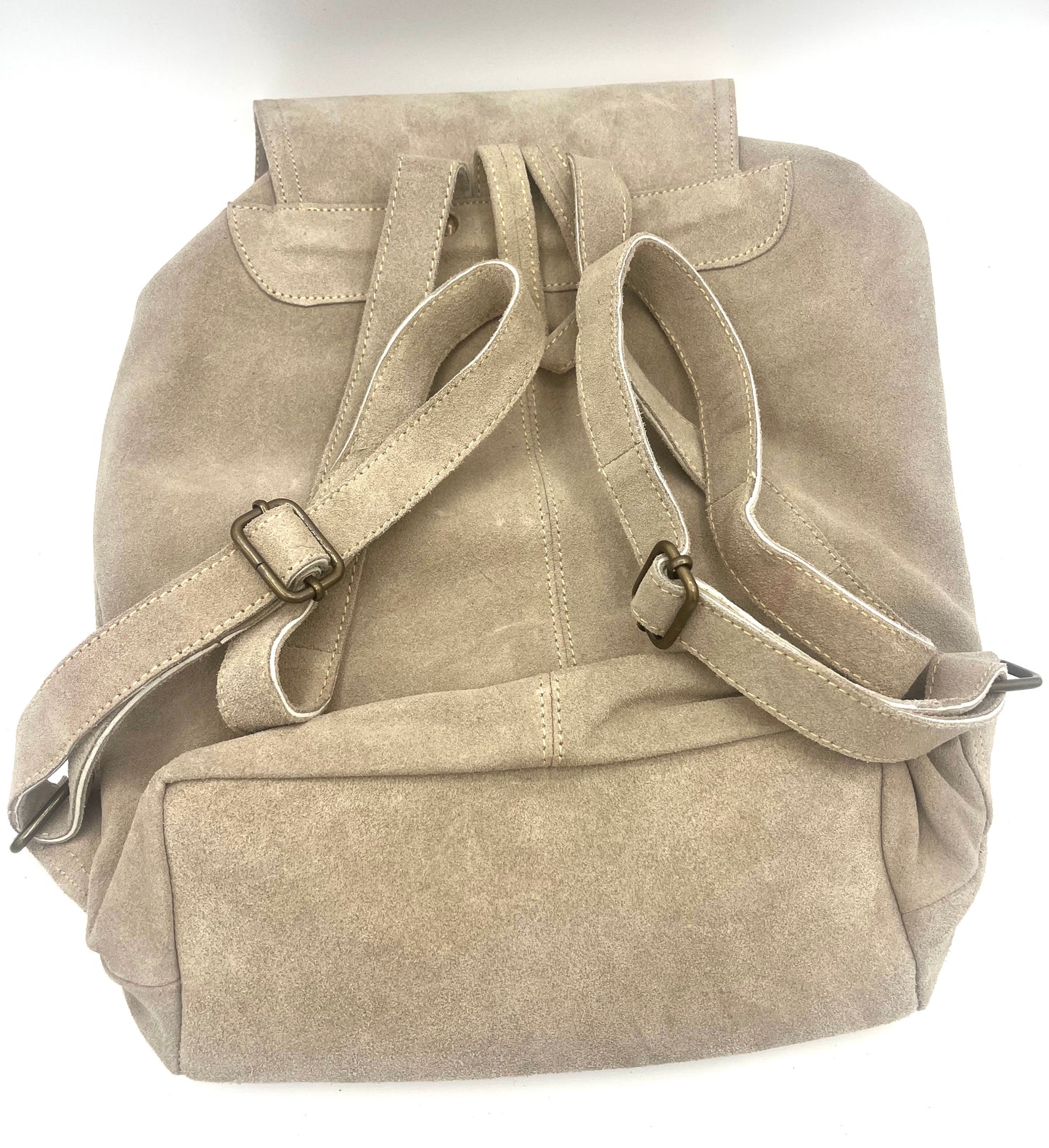 Tan Suede Backpack with colorful Pom Pom Tassle.