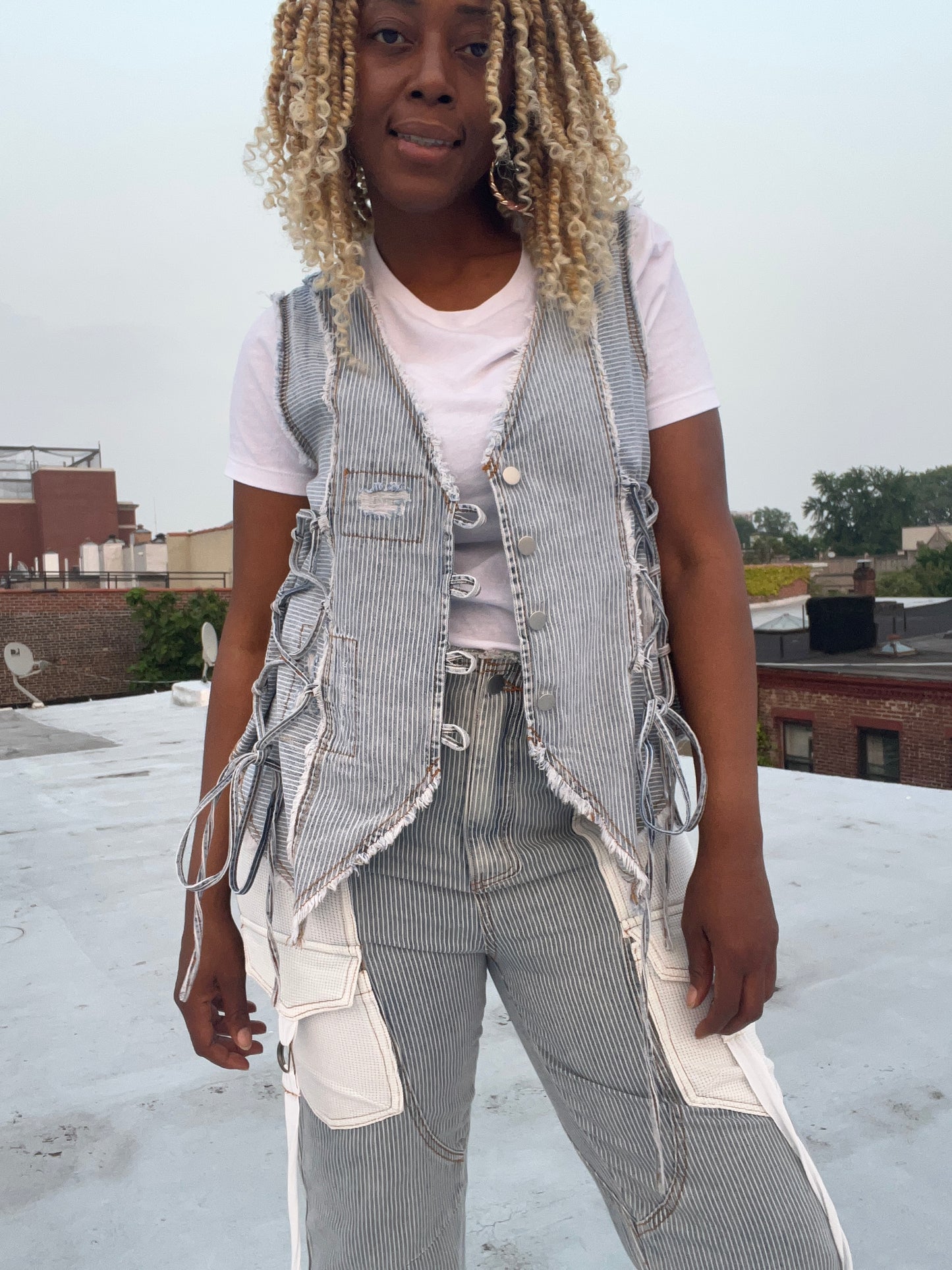 Stripe Denim Oversized Vest with Criss Cross side ties