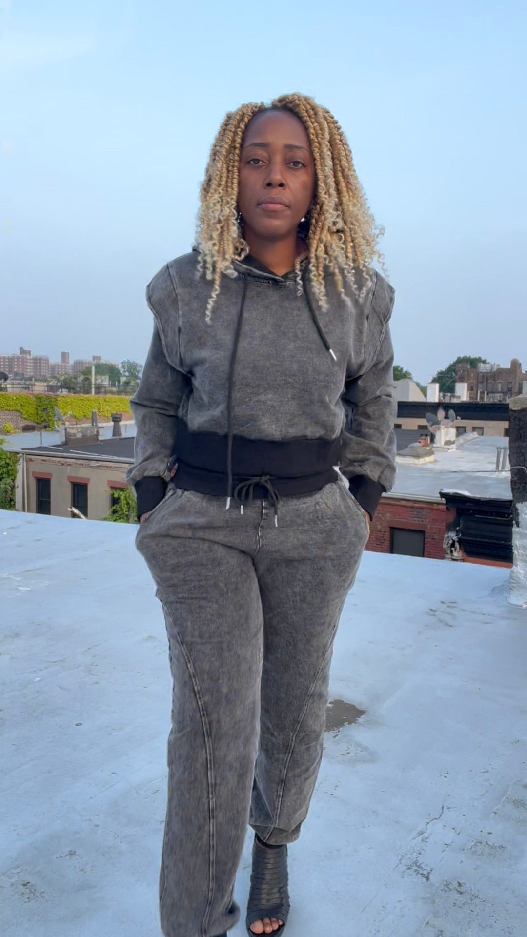 Charcoal Grey Distressed Was French Terry Hooded Sweatshirt with Joggers