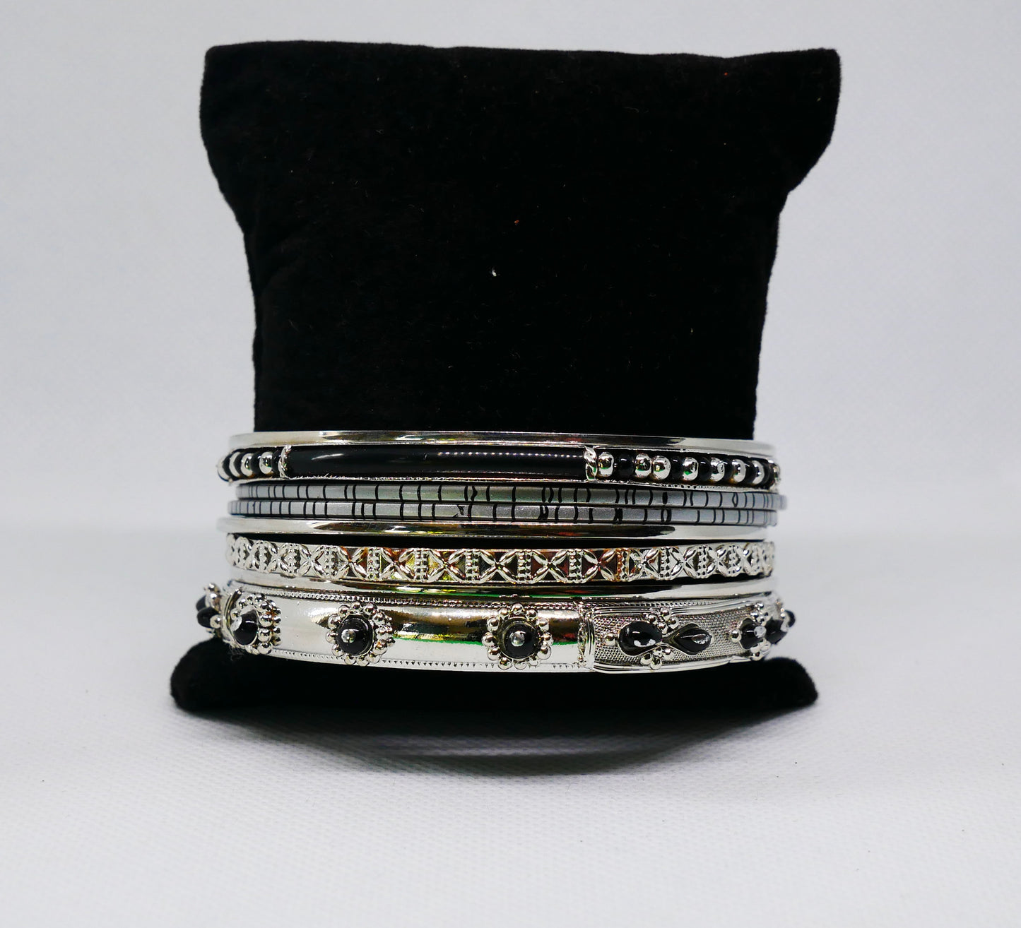 Silver & Black Stackable Bangles 8 Pcs