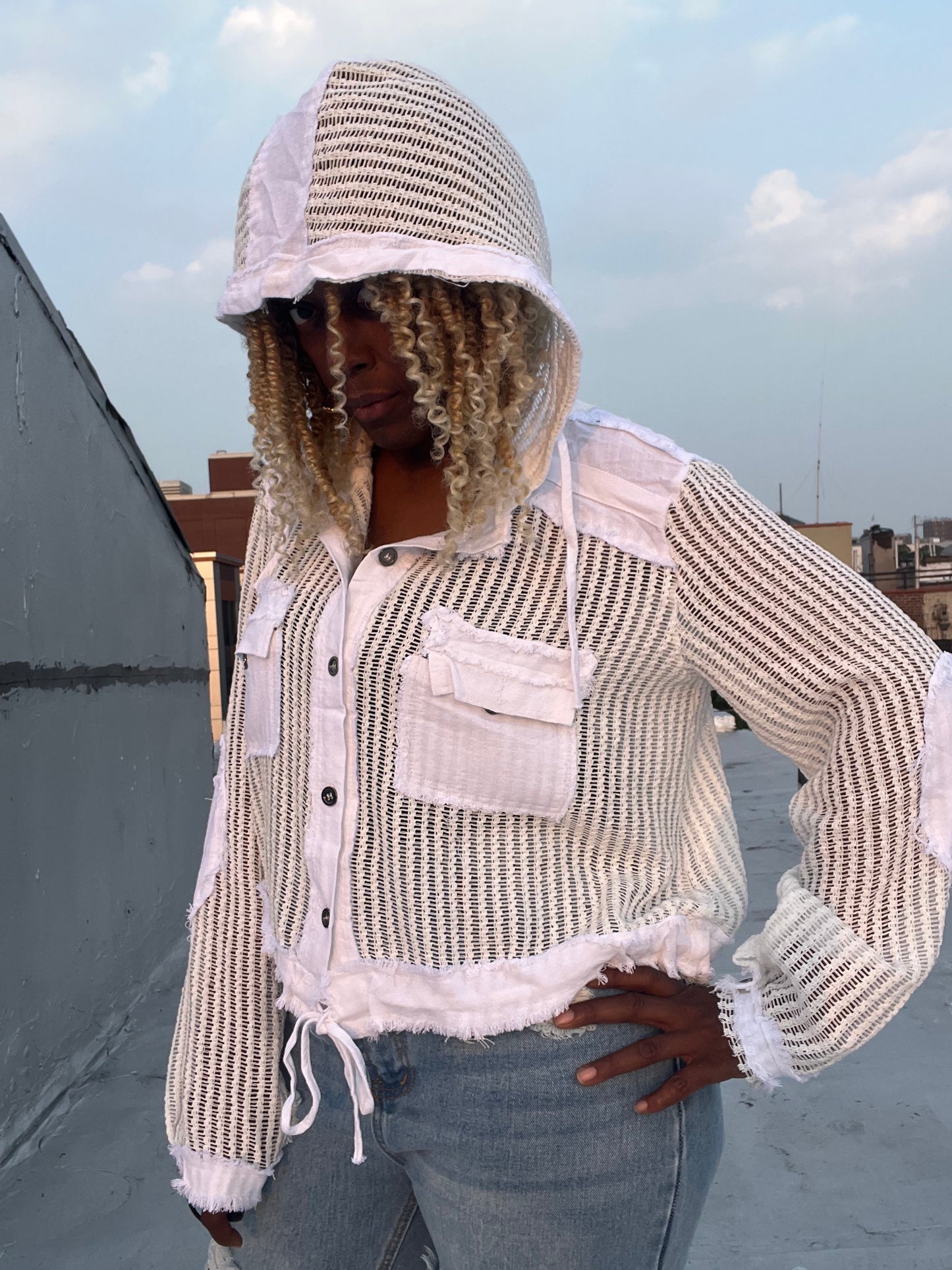 Open Knit Button Down Pocket Front Hooded Shirt Top