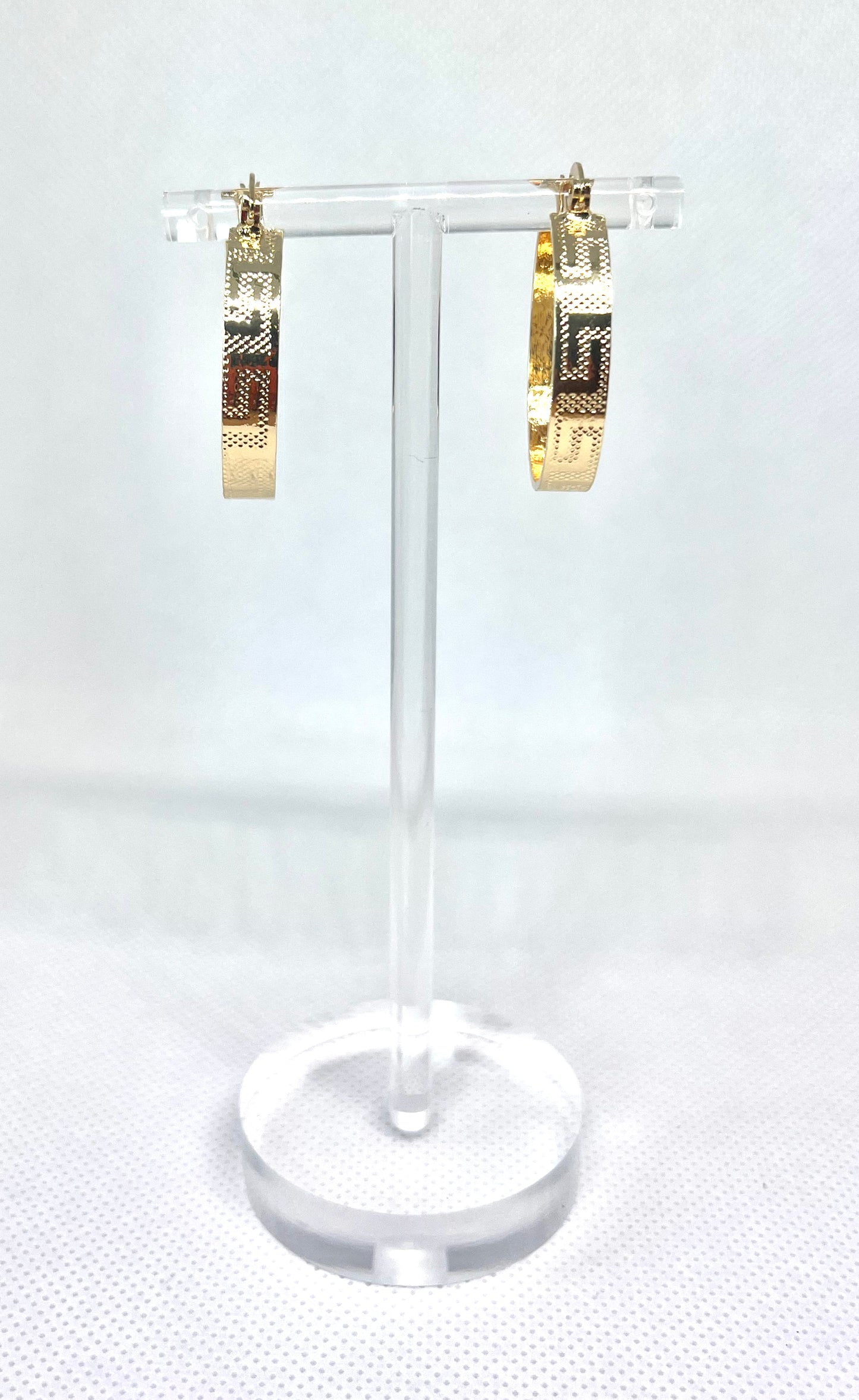 Gold Finish 30mm Small Hoop Greek Key Design Diamond Cutting Finish Golden Tone