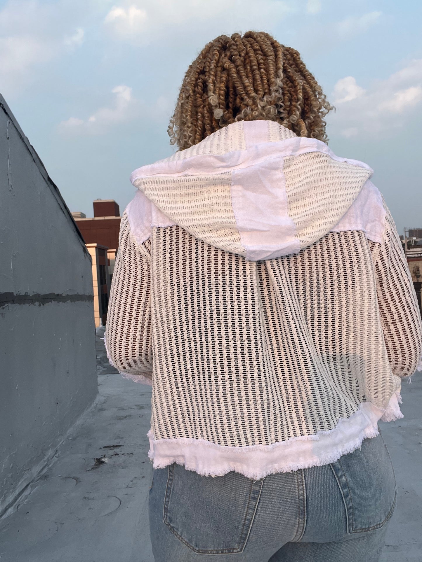 Open Knit Button Down Pocket Front Hooded Shirt Top