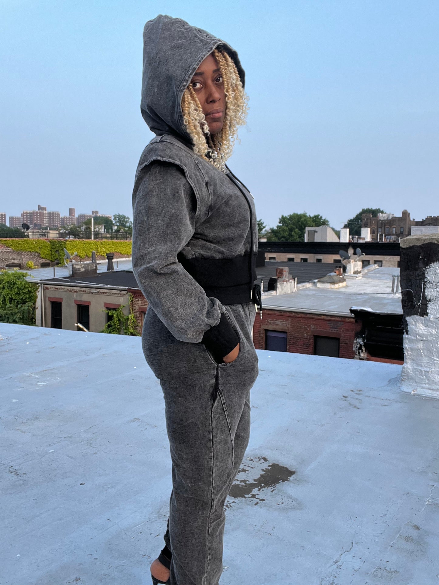 Charcoal Grey Distressed Was French Terry Hooded Sweatshirt with Joggers
