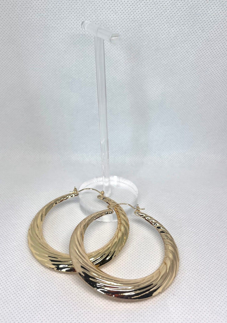 Gold Filled 60mm Large Hoop Hollow Design Diamond Cutting Finish Golden Tone