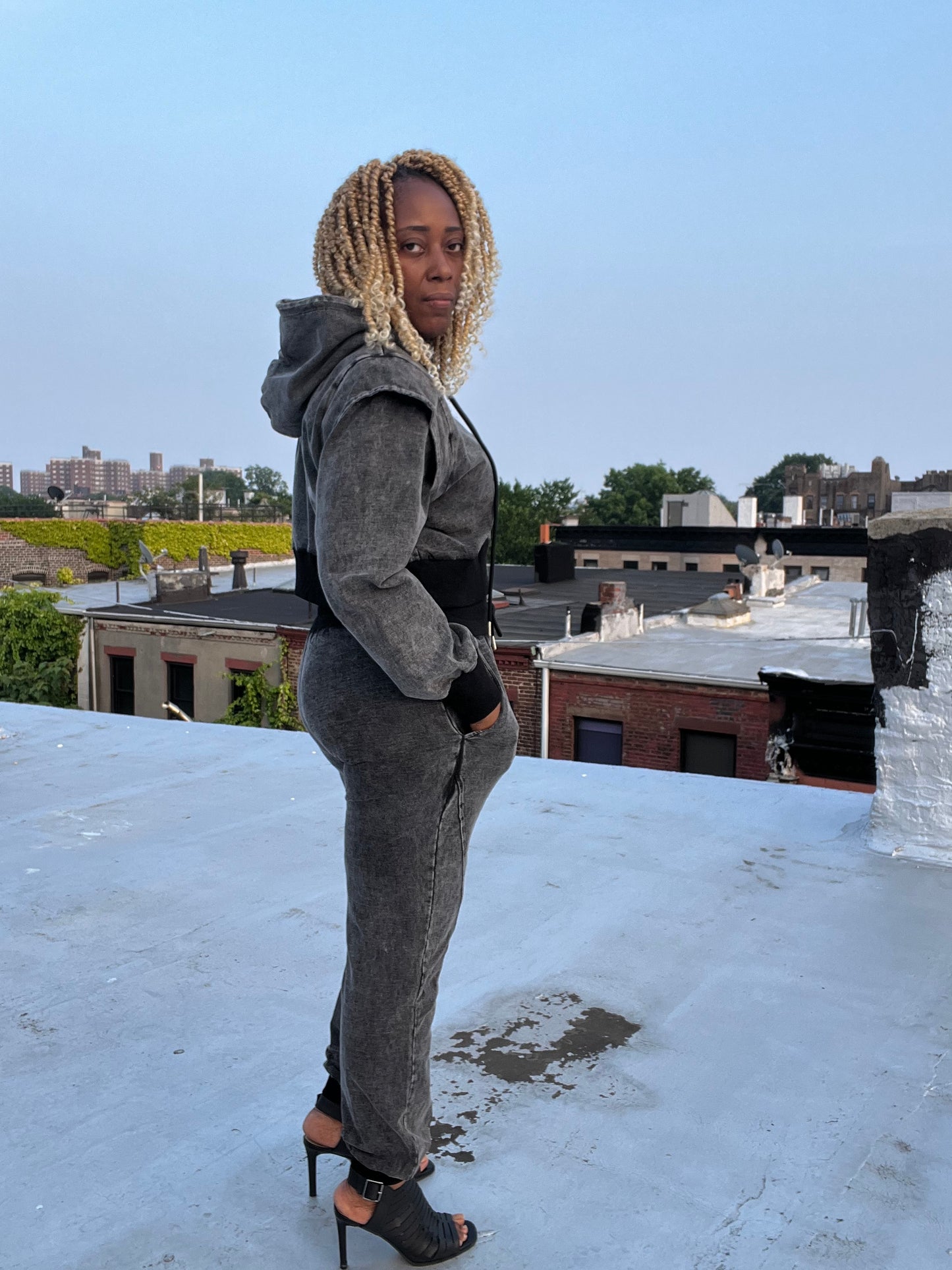 Charcoal Grey Distressed Was French Terry Hooded Sweatshirt with Joggers