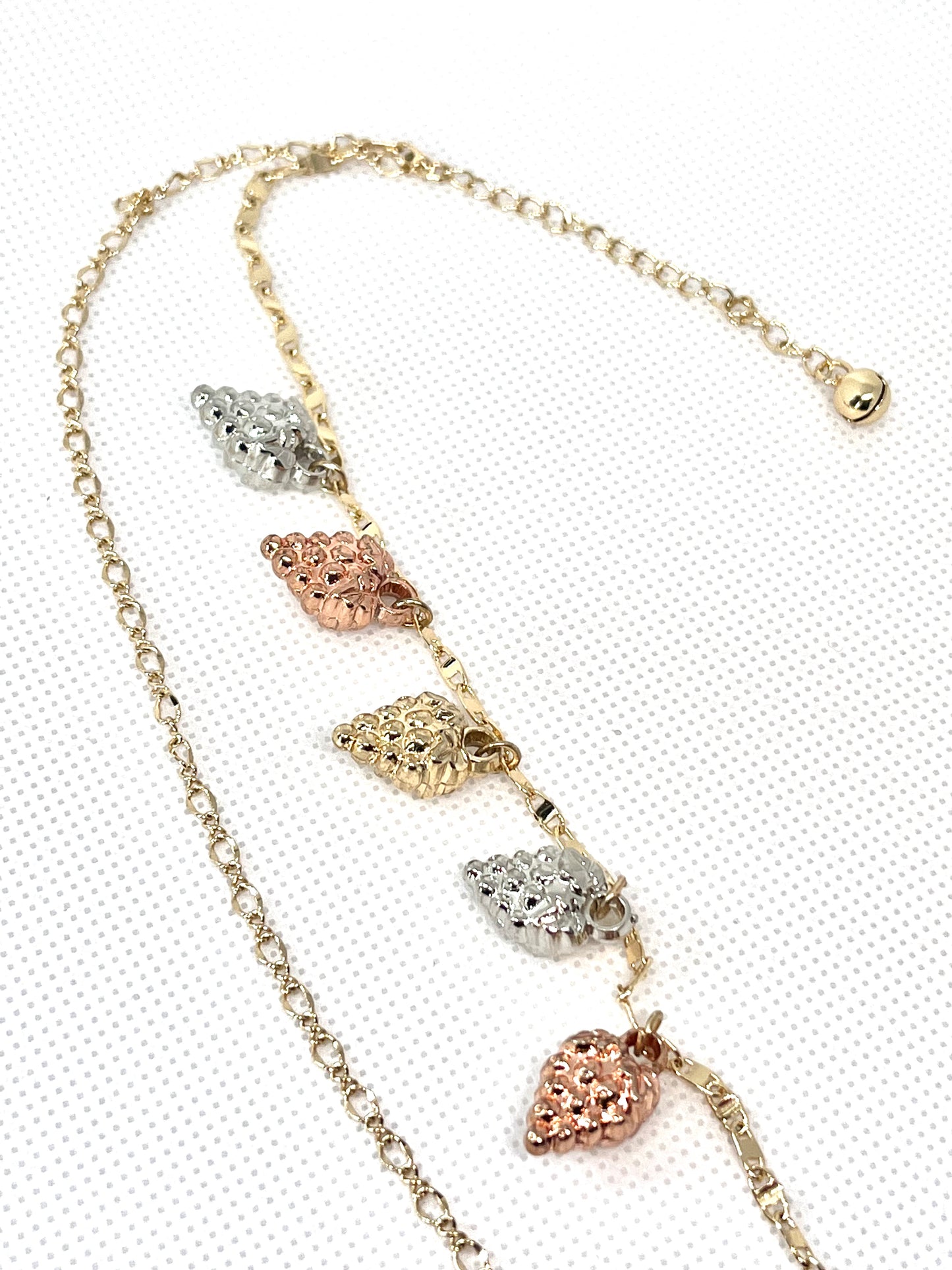 Gold Filled 10" Charm Anklet Strawberry Design Polished Finish Tri Tone