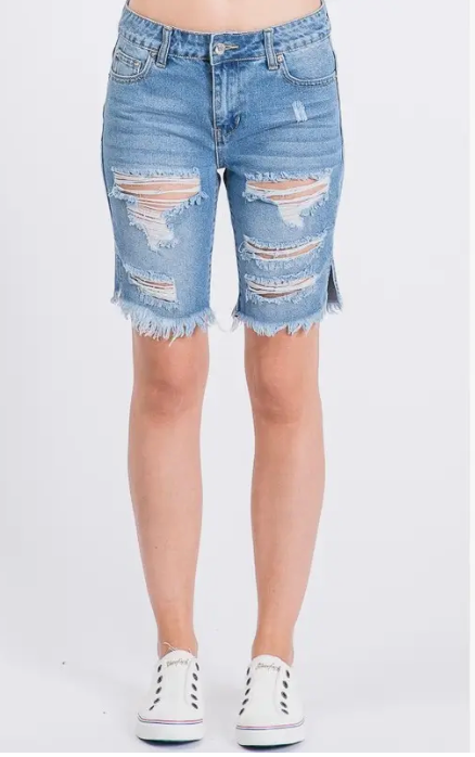 Denim Bermuda Shorts with Slit on side