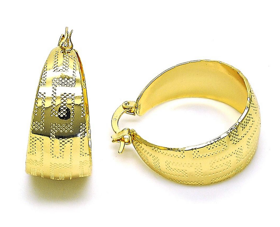 Gold Filled 25mm Small Hoop, Greek Key Design, Diamond Cutting Finish, Golden Tone