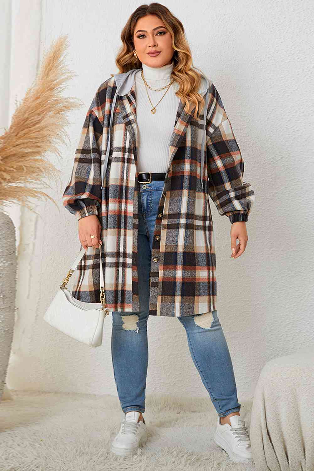 Plaid Drop Shoulder Hooded Coat