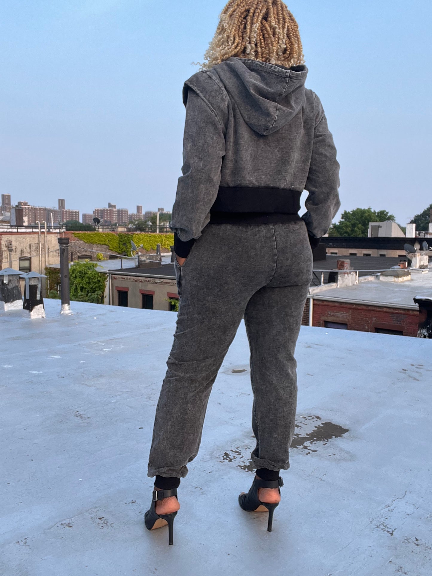 Charcoal Grey Distressed Was French Terry Hooded Sweatshirt with Joggers