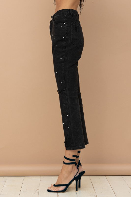 Studded Rhinestone Distressed Cropped Denim Jeans