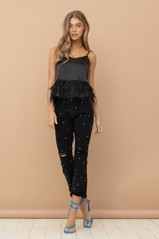 Studded Rhinestone Distressed Cropped Denim Jeans