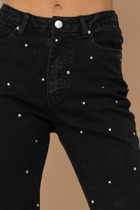 Studded Rhinestone Distressed Cropped Denim Jeans