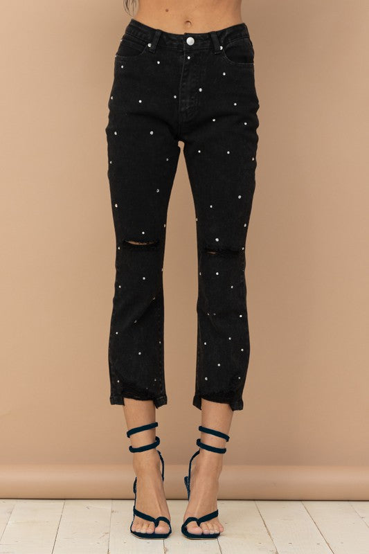 Studded Rhinestone Distressed Cropped Denim Jeans