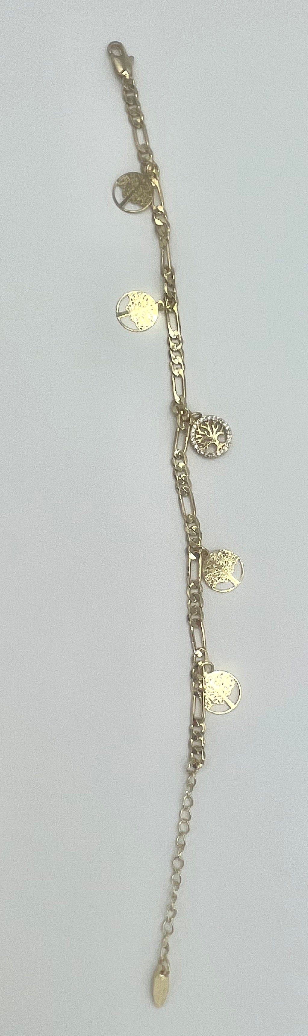 Gold Filled Charm Anklet Tree Design with White Micro Pave Polished Golden Tone