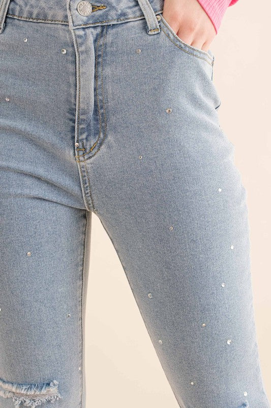 Studded Rhinestone Distressed Cropped Denim Jeans