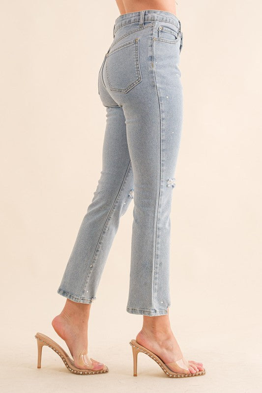 Studded Rhinestone Distressed Cropped Denim Jeans