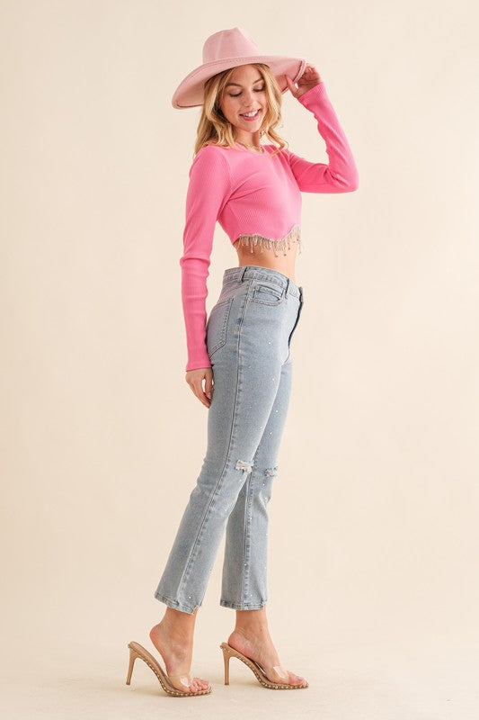 Studded Rhinestone Distressed Cropped Denim Jeans