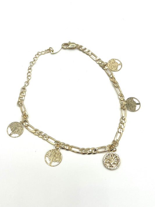 Gold Filled Charm Anklet Tree Design with White Micro Pave Polished Golden Tone