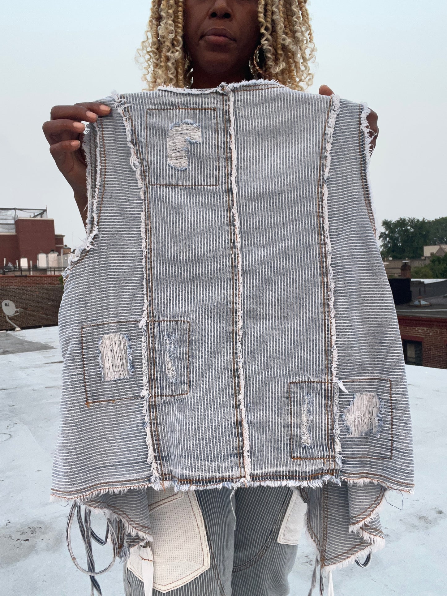 Stripe Denim Oversized Vest with Criss Cross side ties