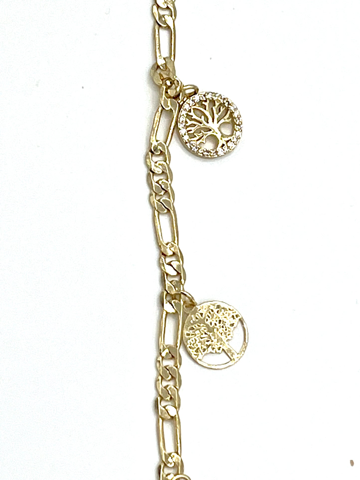 Gold Filled Charm Anklet Tree Design with White Micro Pave Polished Golden Tone