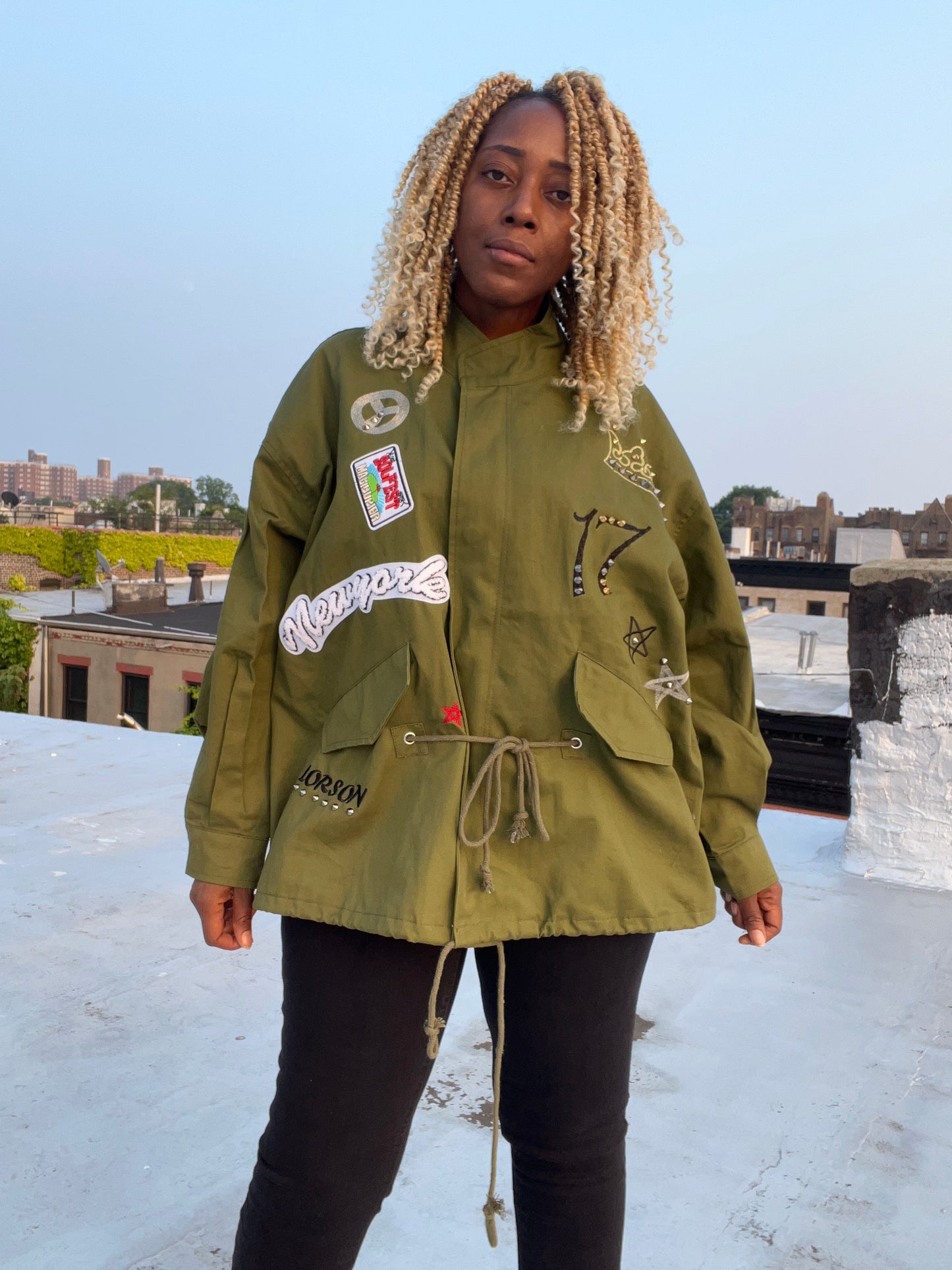 Olive Green Studded Trim Oversized Jacket