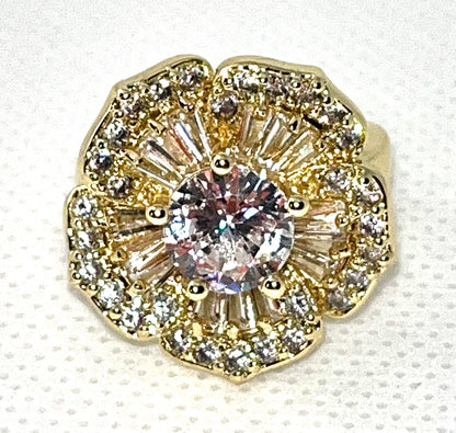 Gold Finish Multi Stone Ring Flower Design with White Cubic Zirconia Polished Golden Tone