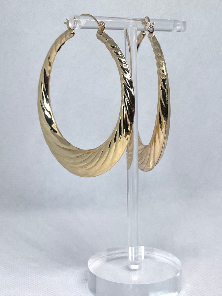 Gold Filled 60mm Large Hoop Hollow Design Diamond Cutting Finish Golden Tone