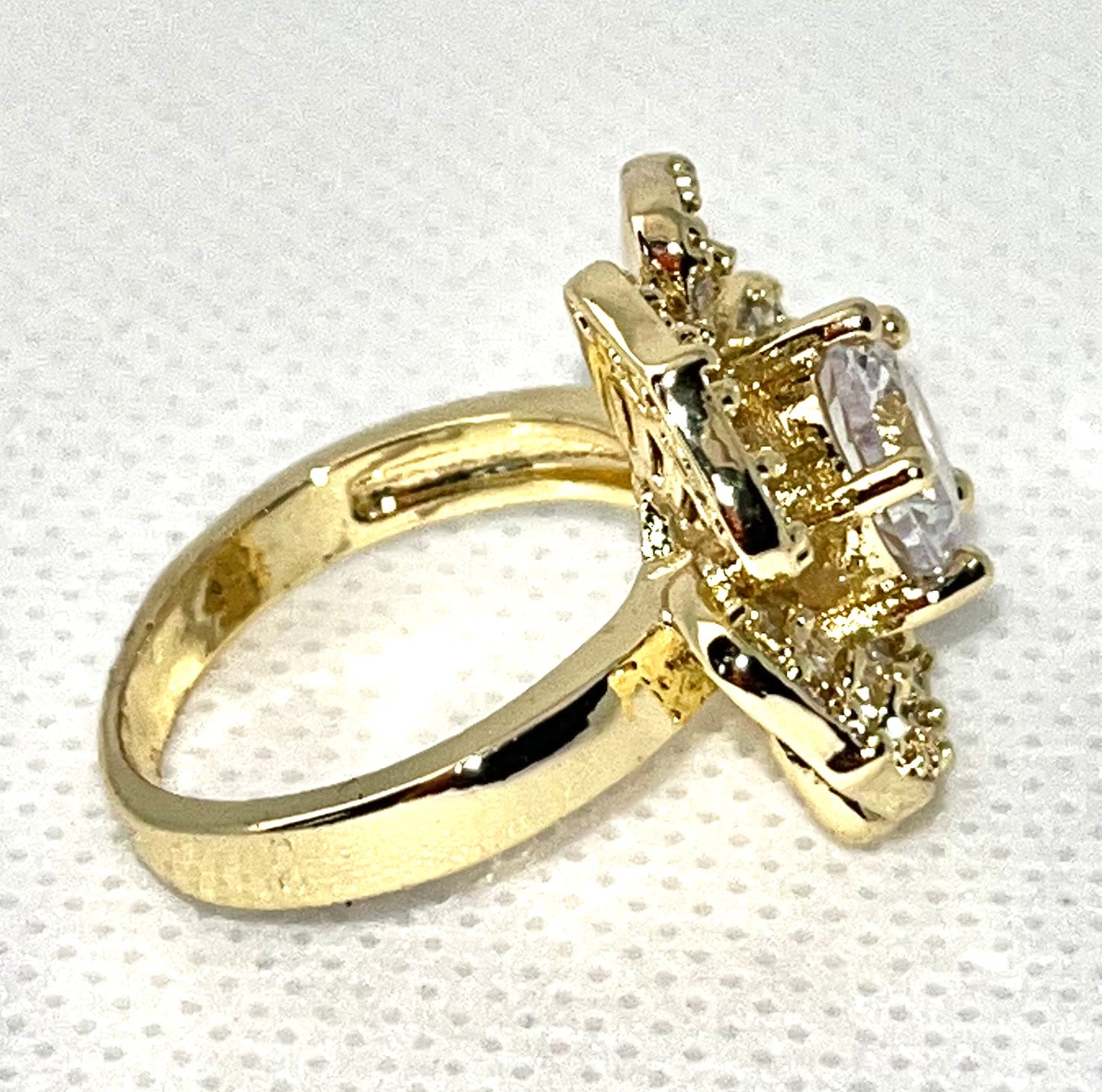 Gold Finish Multi Stone Ring Flower Design with White Cubic Zirconia Polished Golden Tone