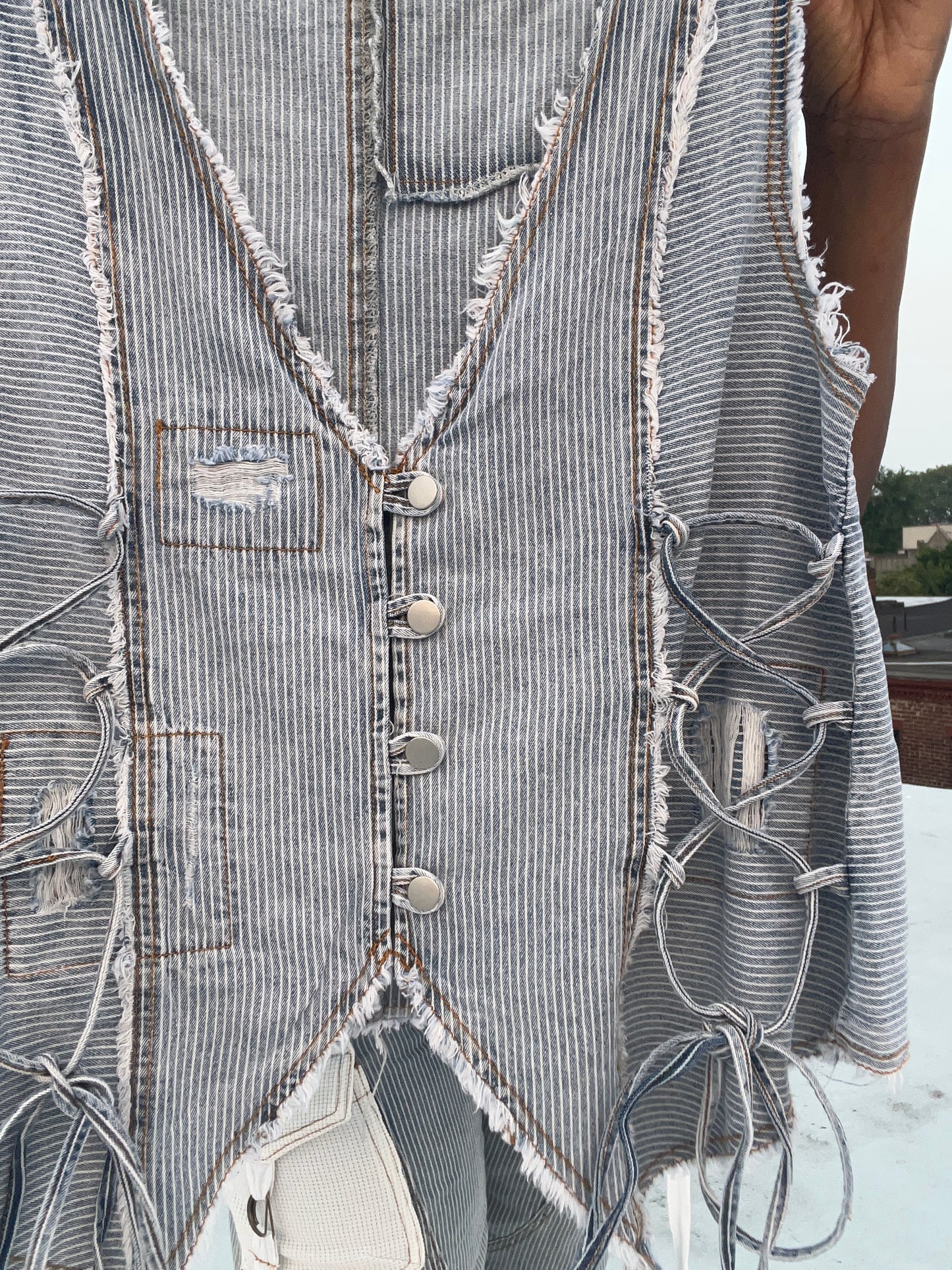 Stripe Denim Oversized Vest with Criss Cross side ties