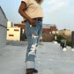 Distressed Straight Denim Jeans (Dark)
