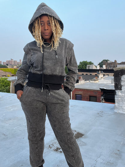 Charcoal Grey Distressed Was French Terry Hooded Sweatshirt with Joggers