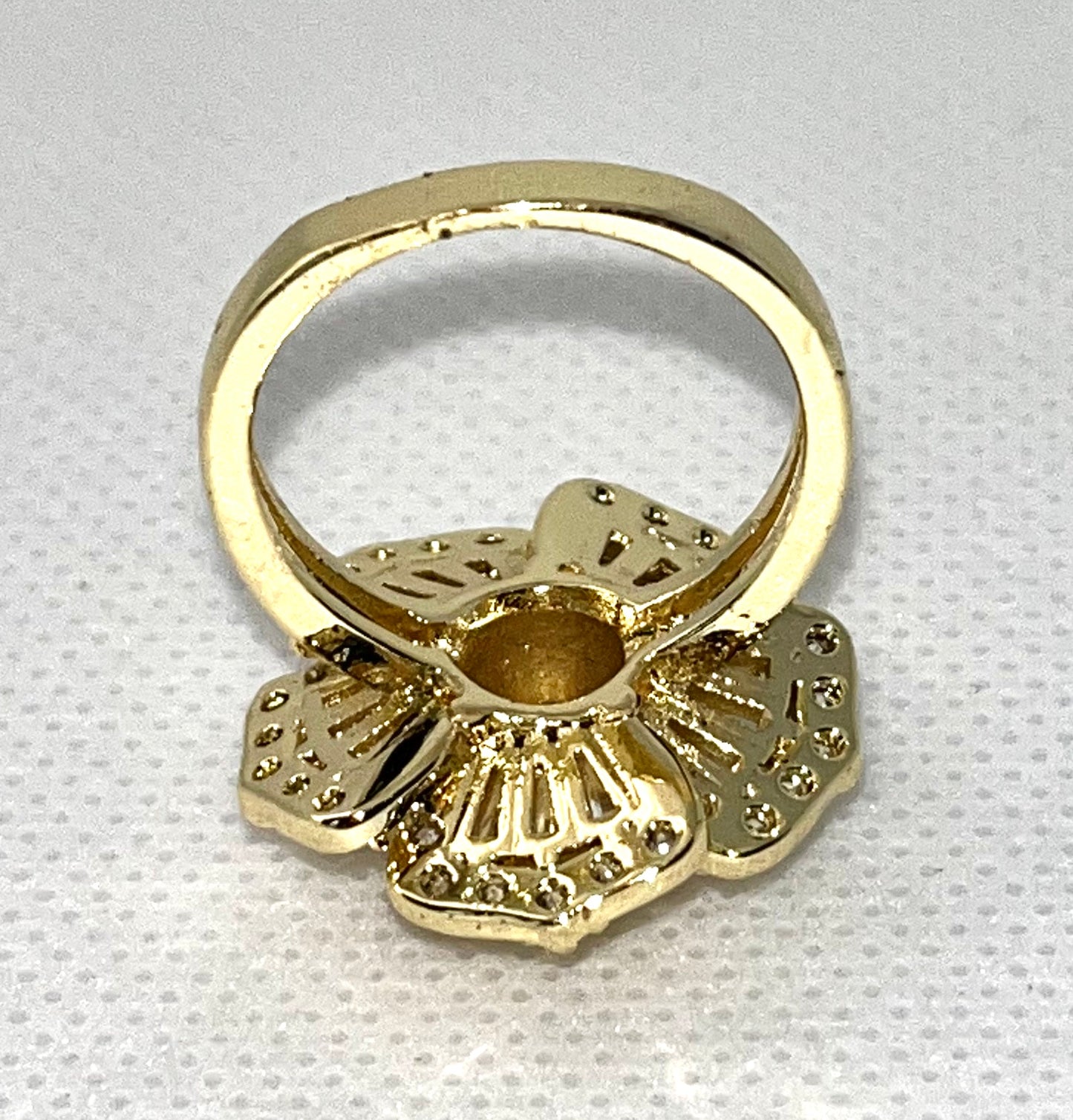 Gold Finish Multi Stone Ring Flower Design with White Cubic Zirconia Polished Golden Tone