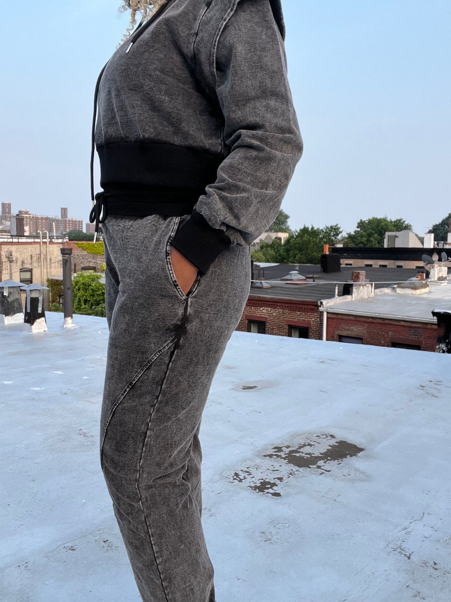 Charcoal Grey Distressed Was French Terry Hooded Sweatshirt with Joggers