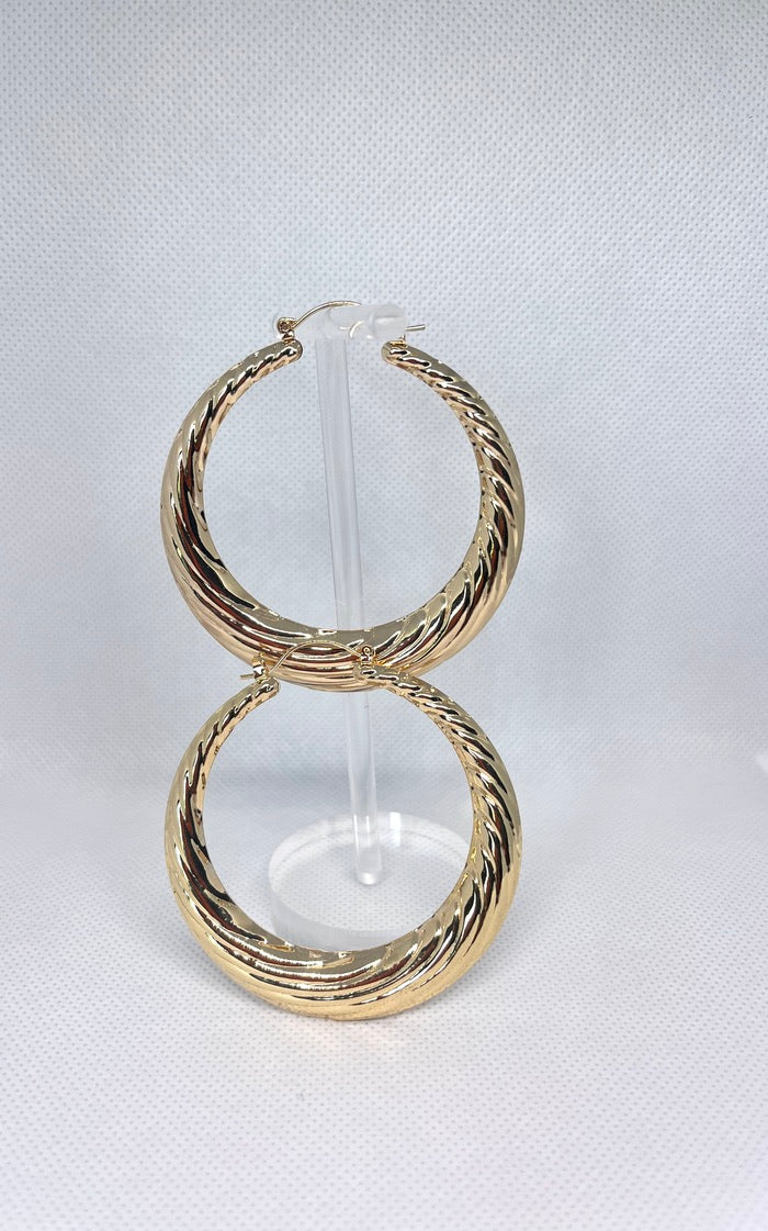 Gold Filled 60mm Large Hoop Hollow Design Diamond Cutting Finish Golden Tone