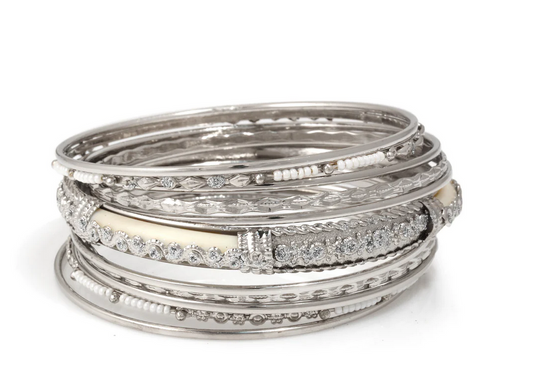 Silver & Ivory Crystal Stackable Bangles 11pcs