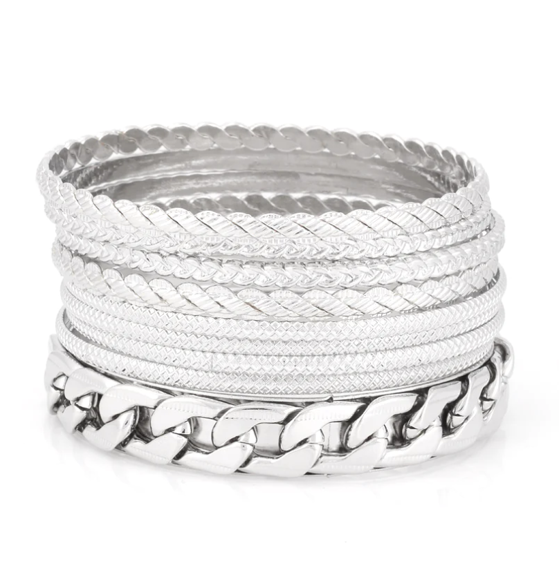 Silver Tone Stackable Bangles 9 Pcs