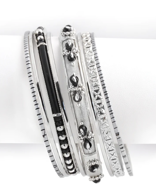 Silver & Black Stackable Bangles 8 Pcs