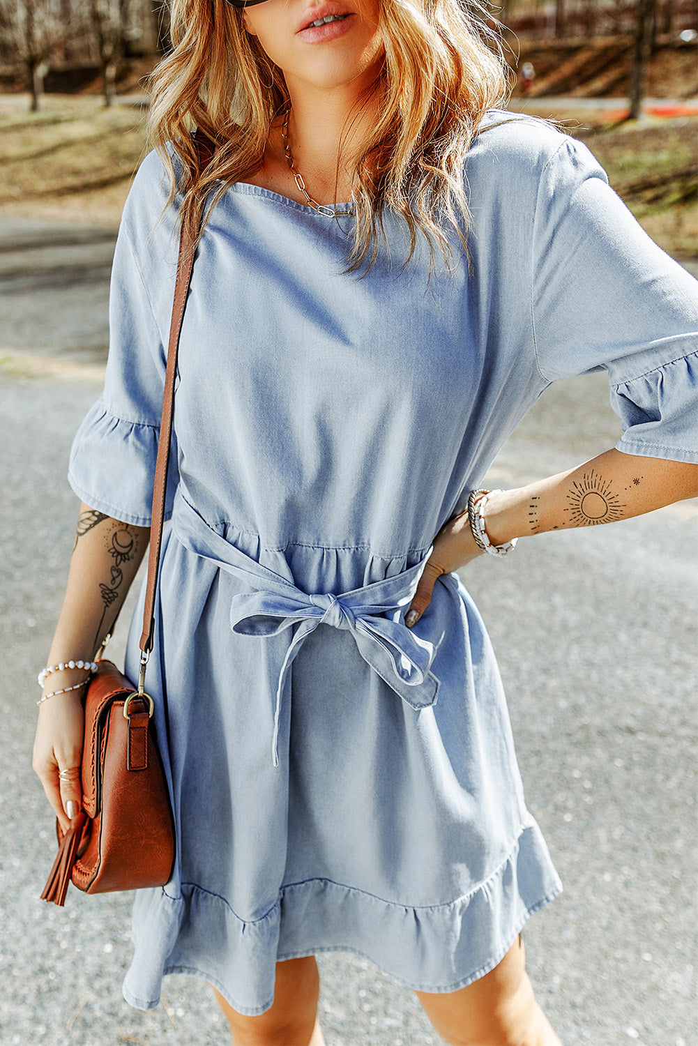 Tie Waist Flounce Sleeve Ruffle Hem Denim Dress