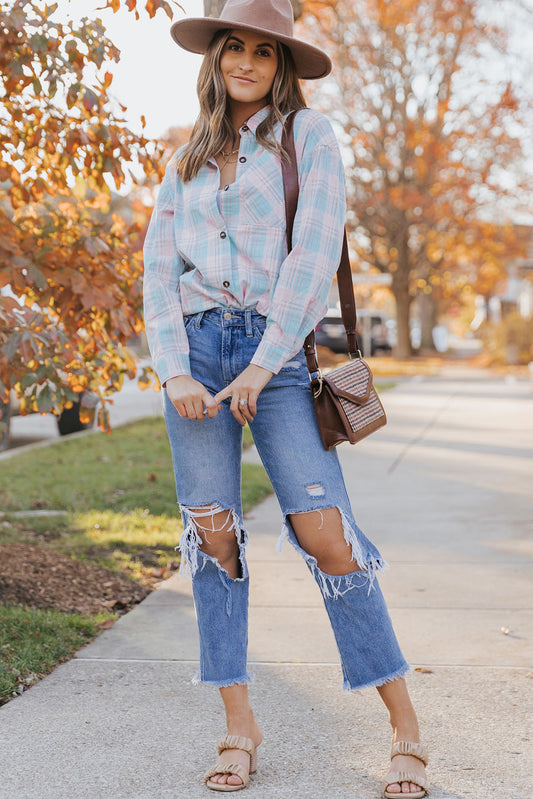 Plaid Button-Up Dropped Shoulder Shirt