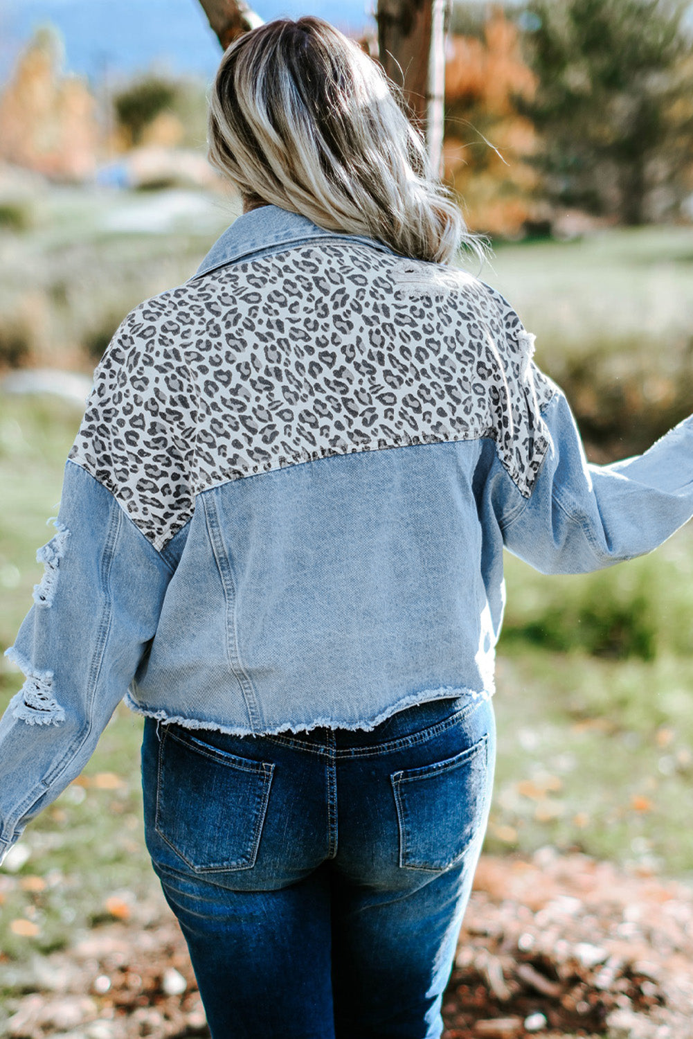 Leopard Raw Hem Distressed Spliced Denim Jacket