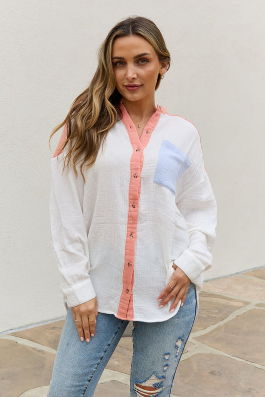 Color Block Woven Button Down Top