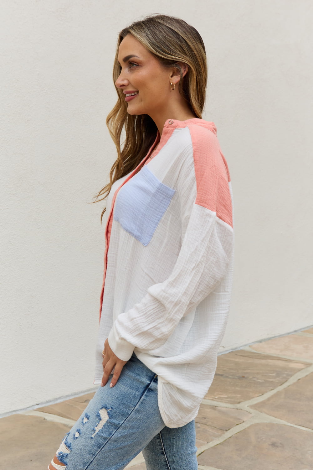 Color Block Woven Button Down Top