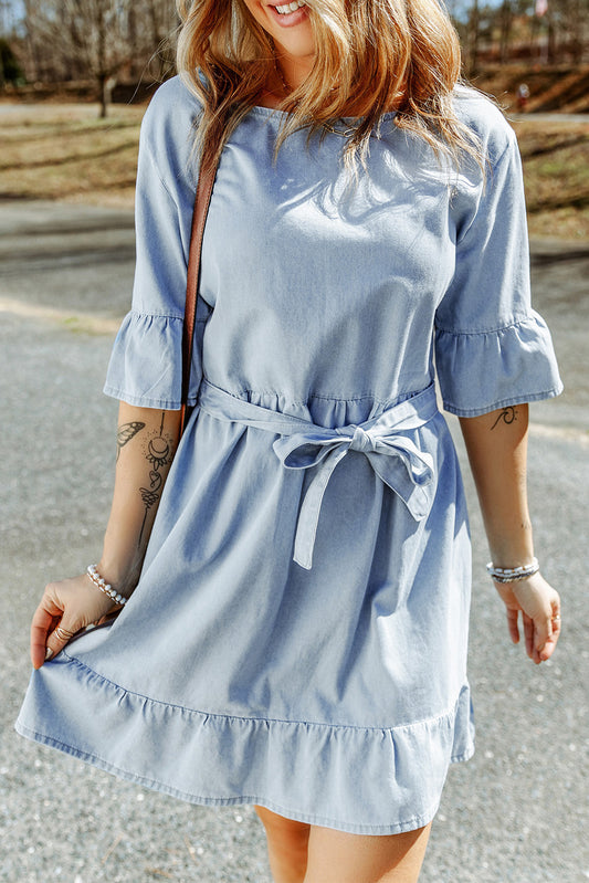 Tie Waist Flounce Sleeve Ruffle Hem Denim Dress