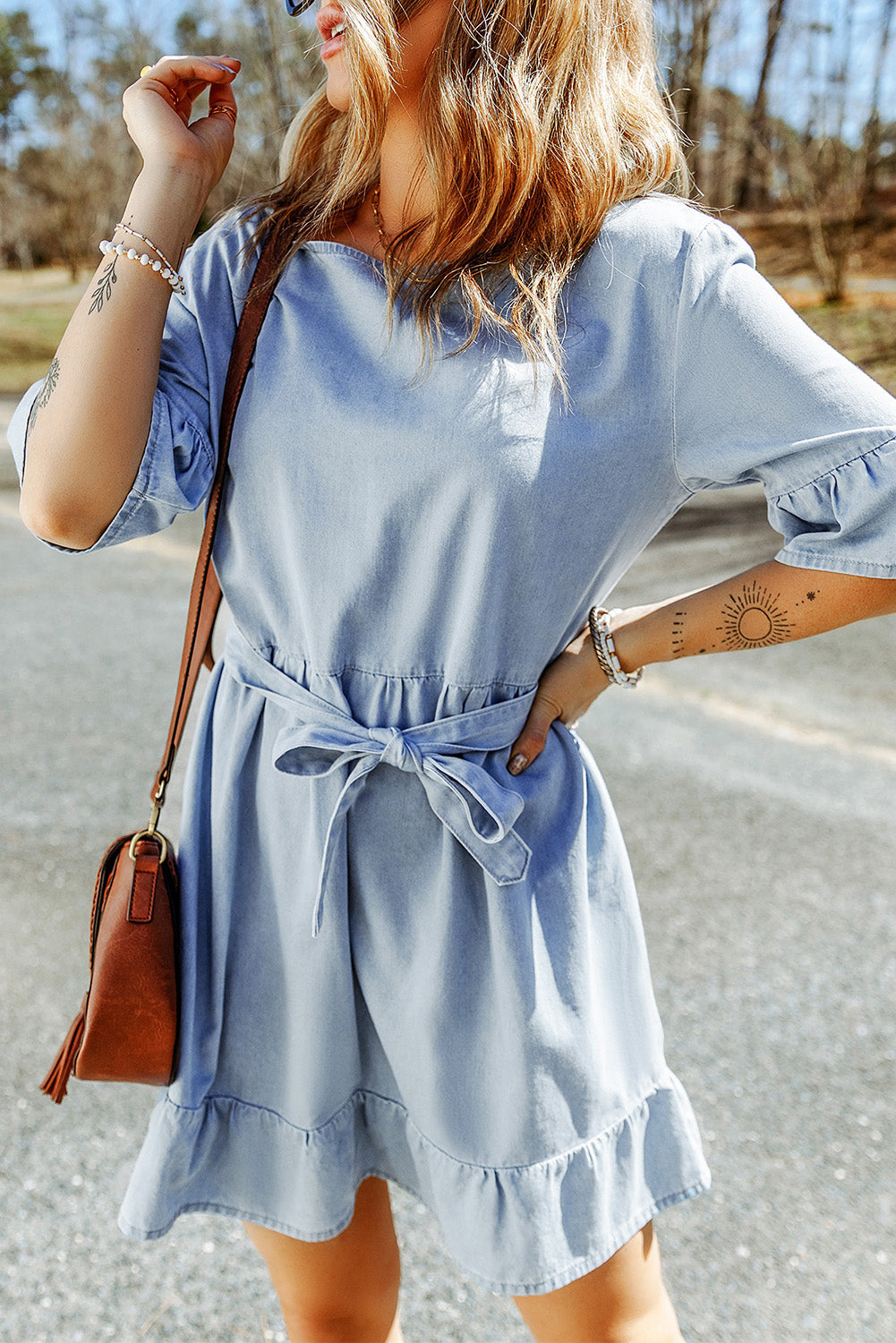 Tie Waist Flounce Sleeve Ruffle Hem Denim Dress